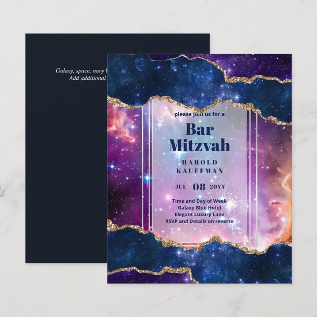 BAR MITZVAH CARDS Celestial Skies Blue Galaxy Gold (Front/Back)