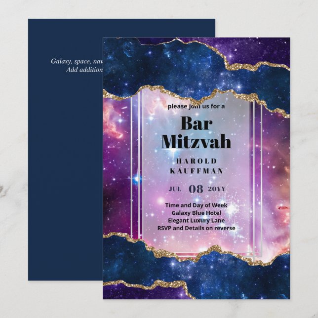 BAR MITZVAH CARDS Celestial Skies Blue Galaxy Gold (Front/Back)
