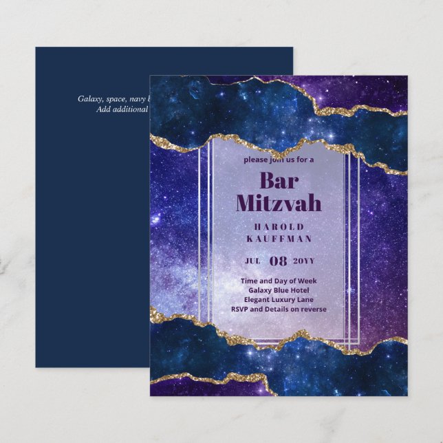 BAR MITZVAH CARDS Celestial Skies Blue Galaxy Gold (Front/Back)