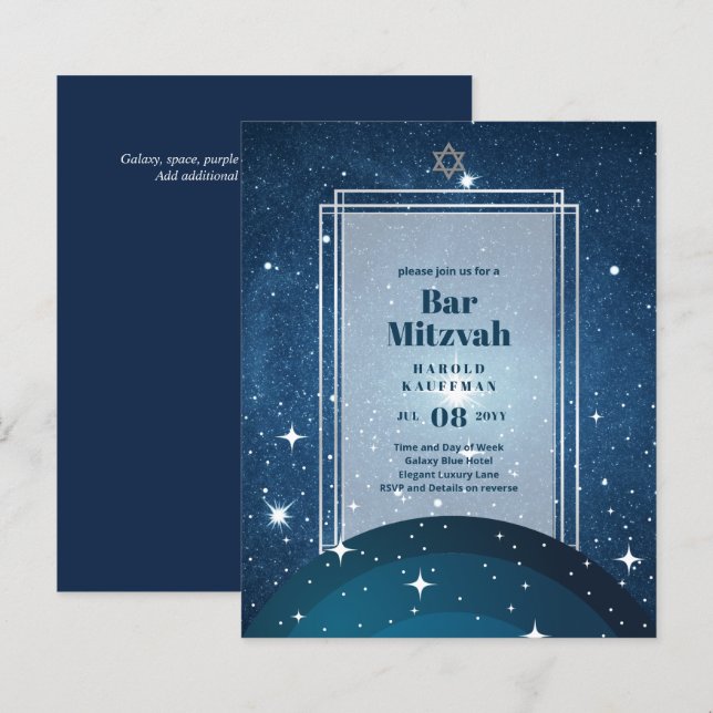 BAR MITZVAH CARDS Celestial Skies Blue Galaxy Gold (Front/Back)