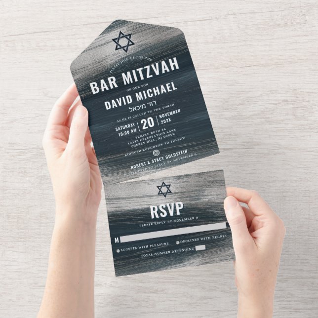Bar Mitzvah Charcoal Gray Silver Foil Modern Bold All In One Invitation (Tearaway)