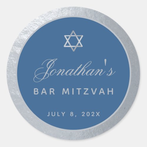 Bar Mitzvah Classic Blue Faux Silver Gray Script Classic Round Sticker