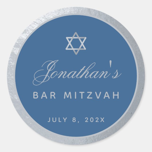 Bar Mitzvah Classic Blue Faux Silver Gray Script Classic Round Sticker (Front)