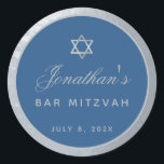 Bar Mitzvah Classic Blue Faux Silver Gray Script Classic Round Sticker<br><div class="desc">There is a round frame from faux  silver foil,  with silvery gray text on classic blue inside. The name is written in a calligraphic script. Above the name,  there is a star of David from faux silver foil.</div>
