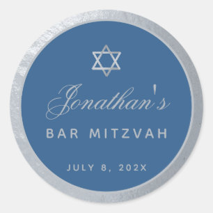 Bar Mitzvah Classic Blue Faux Silver Gray Script Round Sticker