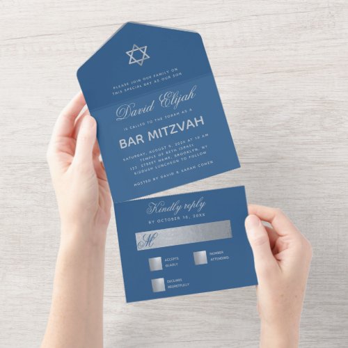 Bar Mitzvah Classic Blue Faux Silver Star Script All In One Invitation