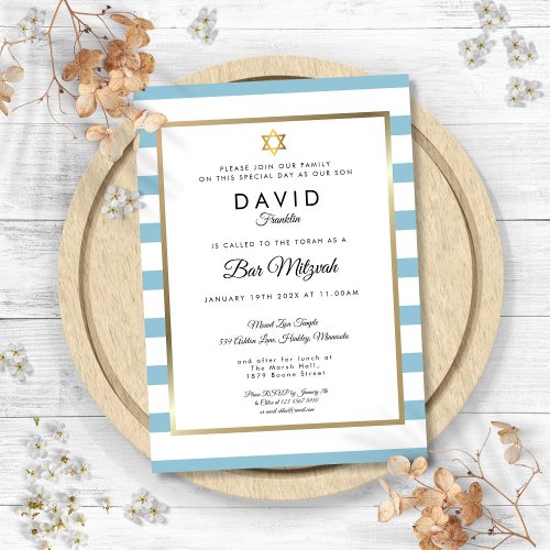 Bar Mitzvah Classic Blue White Stripe Gold Invitation