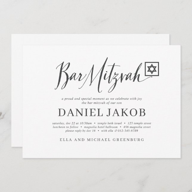 Bar Mitzvah Classic Script Modern Typography Invitation (Front/Back)