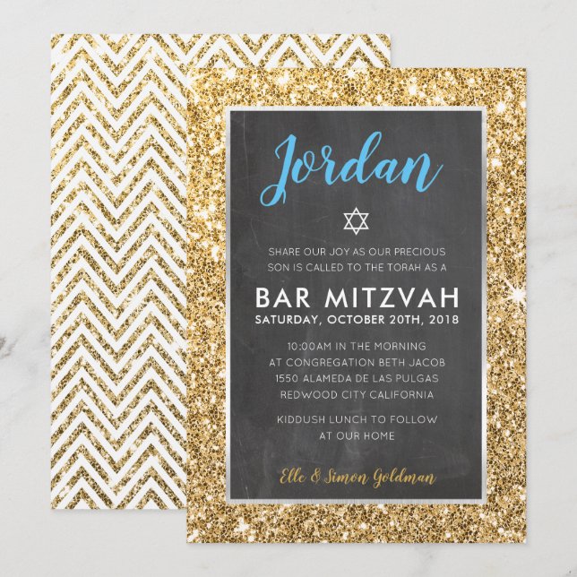 BAR MITZVAH cool chalkboard gold glitter invite (Front/Back)