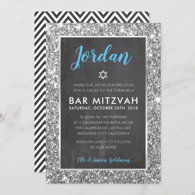 BAR MITZVAH cool chalkboard silver glitter invite (Front/Back)