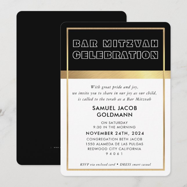 BAR MITZVAH cool space modern black gold frame Inv Invitation (Front/Back)