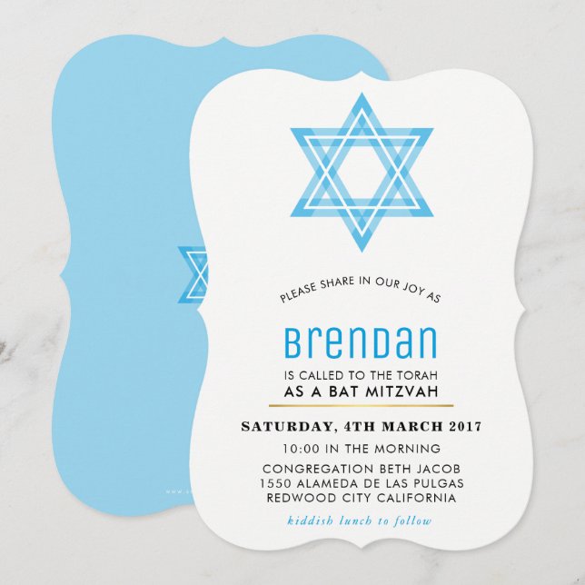 BAR MITZVAH cute modern tween star of david blue Invitation (Front/Back)