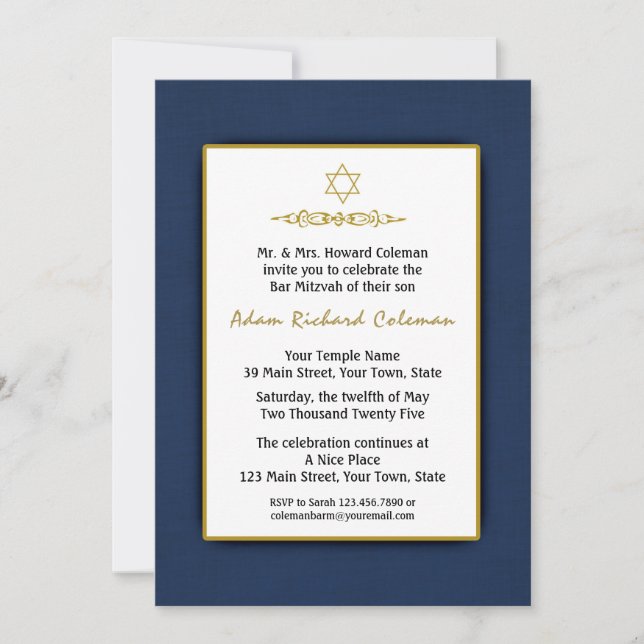 Bar Mitzvah Dark Blue and Gold Invitation (Front)