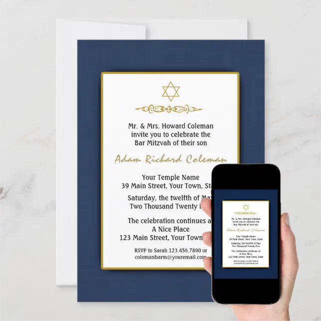 Bar Mitzvah Dark Blue and Gold Invitation | Zazzle