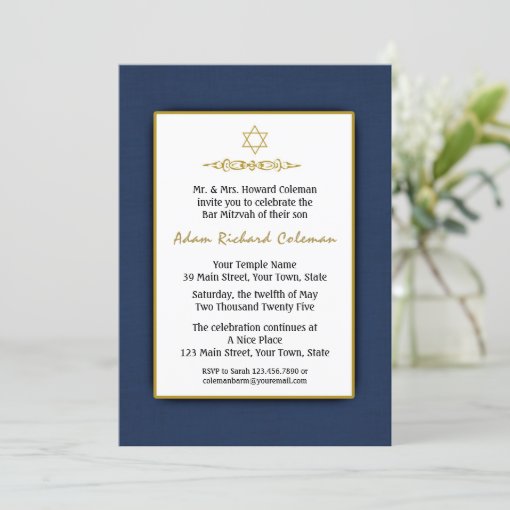 Bar Mitzvah Dark Blue and Gold Invitation | Zazzle