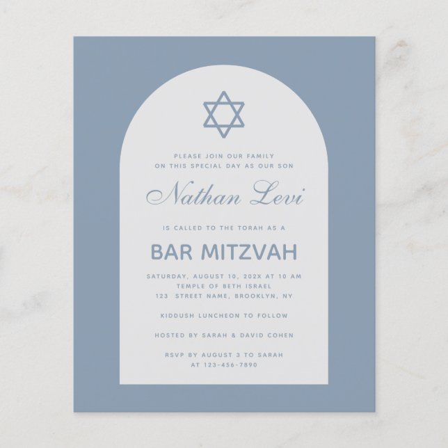 Bar Mitzvah Dusty Blue Arch Star Budget Invitation (Front)
