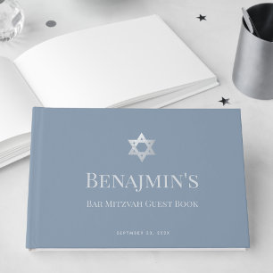 Bar Mitzvah Dusty Blue Faux Silver Star of David Guest Book