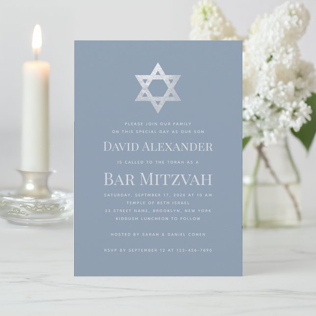 Bar Mitzvah Dusty Blue Faux Silver Star of David Invitation (Creator Uploaded)