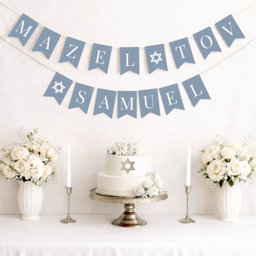 Bar Mitzvah Dusty Blue Mazel Tov 6 Letter Name  Bunting Flags