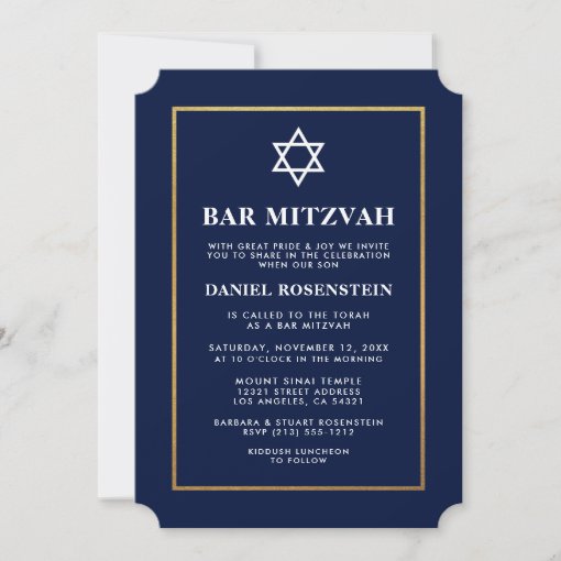 Bar Mitzvah Elegant Blue and Gold Invitation | Zazzle