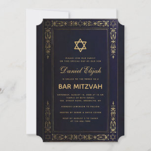 Bar Mitzvah Elegant Navy Blue Gold Star Vintage In Invitation