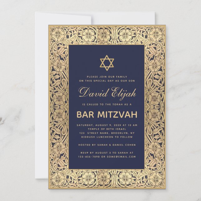Bar Mitzvah Elegant Navy Blue Vintage Gold Roses Invitation (Front)