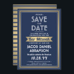 Bar Mitzvah Elegant Navy Blue, White and Gold Save The Date<br><div class="desc">Invite family and friends to an elegant bar mitzvah ceremony and celebration with navy blue, white, and faux gold foil save the date invitations. All text is simple to customize, so it can include any wording regarding the service, Torah reading, and party. The design features a modern striped border, classic...</div>