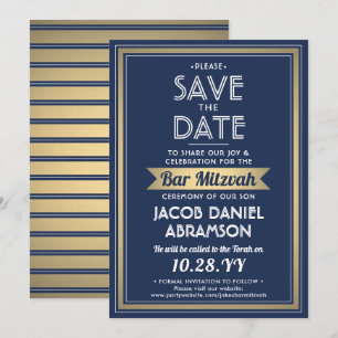 Bar Mitzvah Elegant Navy Blue, White and Gold Save The Date