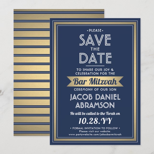 Bar Mitzvah Elegant Navy Blue, White and Gold Save The Date (Front/Back)