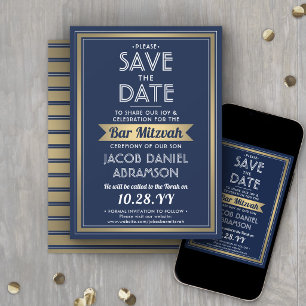 Bar Mitzvah Elegant Navy Blue, White and Gold Save The Date