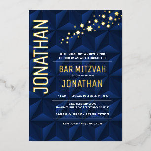 Bar Mitzvah Elegant Navy REAL GOLD Foil Invitation