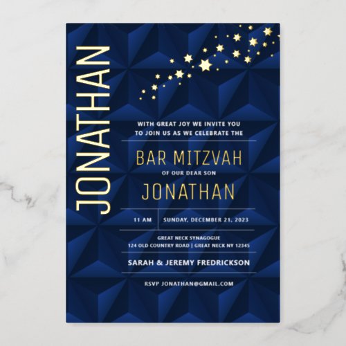 Bar Mitzvah Elegant Navy REAL GOLD Foil Invitation