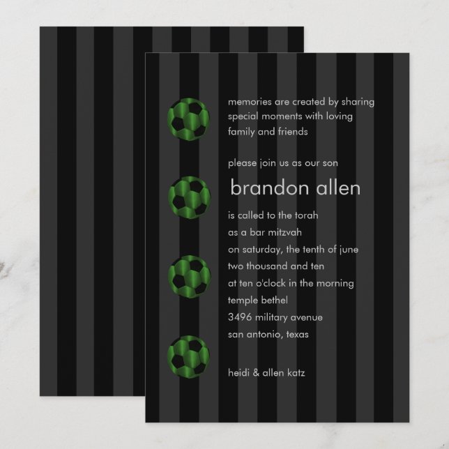 Bar Mitzvah Emerald Green and Black Soccer Ball Invitation (Front/Back)