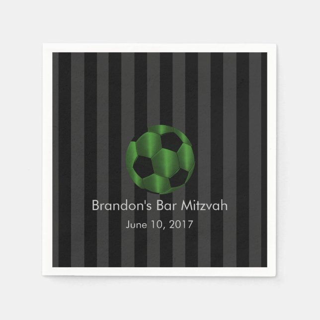 Bar Mitzvah Emerald Green and Black Soccer Ball Paper Napkins (Front)