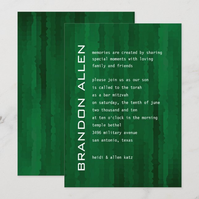 Bar Mitzvah Emerald Green Techno Streaks Invitation (Front/Back)