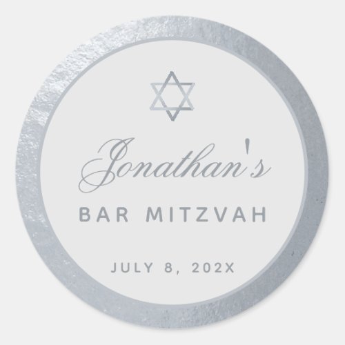 Bar Mitzvah Faux Silver Foil Elegant Gray Script  Classic Round Sticker