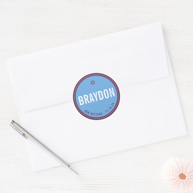 BAR MITZVAH favor modern maroon blue Classic Round Sticker (Envelope)