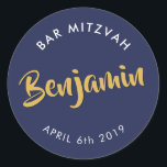 BAR MITZVAH favor modern navy blue faux gold Classic Round Sticker<br><div class="desc">by kat massard
Sticker seal for your child's Bar Mitzvah - use as envelope seals or favors to dress up the reception.</div>