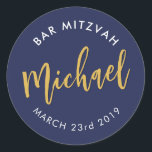 BAR MITZVAH favor modern navy gold calligraphy Classic Round Sticker<br><div class="desc">by kat massard
Sticker seal for your child's Bar / Bat Mitzvah - use as envelope seals or favors to dress up the reception.</div>