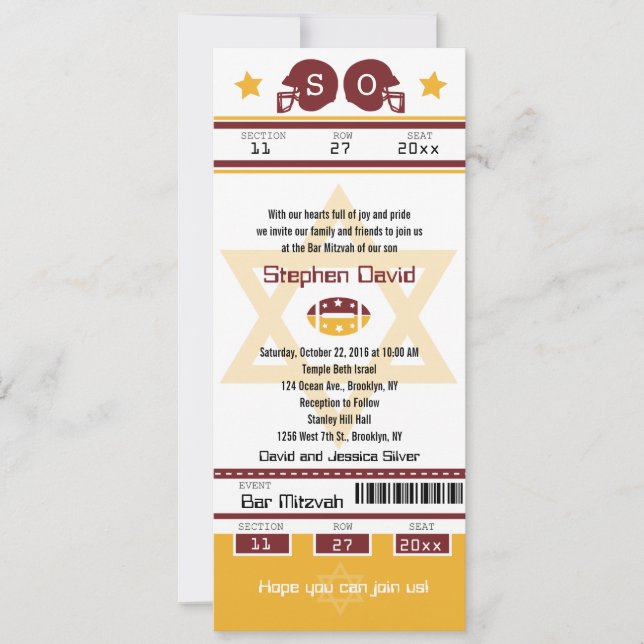 Bar Mitzvah Football Ticket Invitation (Front)