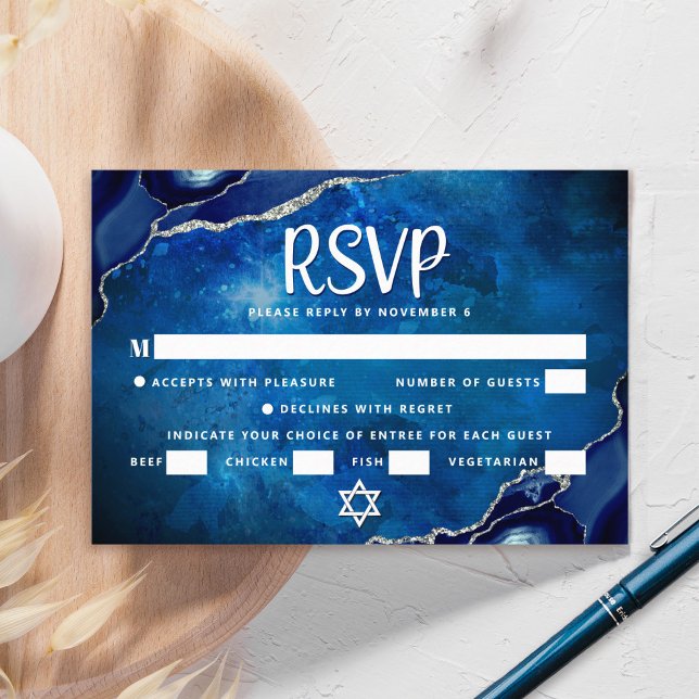Bar Mitzvah Galaxy Blue Agate Watercolor Script RSVP Card (Creator Uploaded)