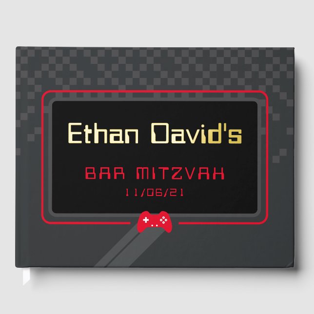 BAR MITZVAH gamer cool trendy red black Foil Guest Book (Front)