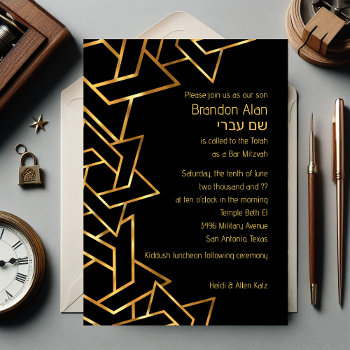 Bar Mitzvah Gold And Black Star Of David Invitation by TailoredType at Zazzle