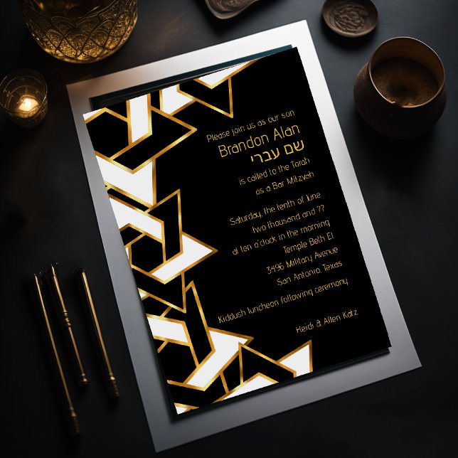 Bar Mitzvah Gold and Black White Star of David Invitation (Creator Uploaded)