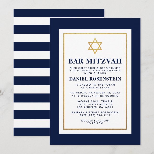 Bar Mitzvah Gold Blue and White Striped Invitation (Front/Back)