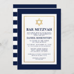 Bar Mitzvah Gold Blue and White Striped Invitation<br><div class="desc">Bar Mitzvah Blue White Gold Invitation Card - Gold Star,  Striped Back</div>