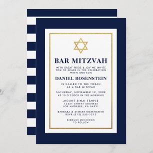 Bar Mitzvah Gold Blue and White Striped Invitation