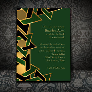 Bar Mitzvah Gold Green Black Star of David Invitation