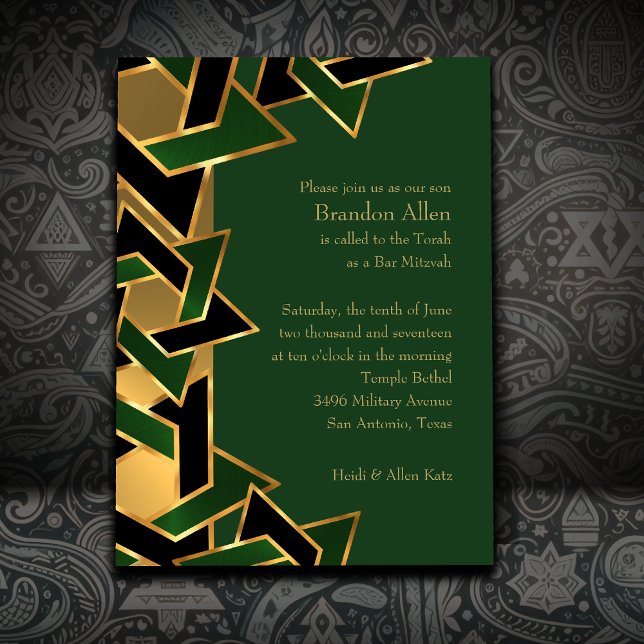 Bar Mitzvah Gold Green Black Star of David  Invitation (Creator Uploaded)