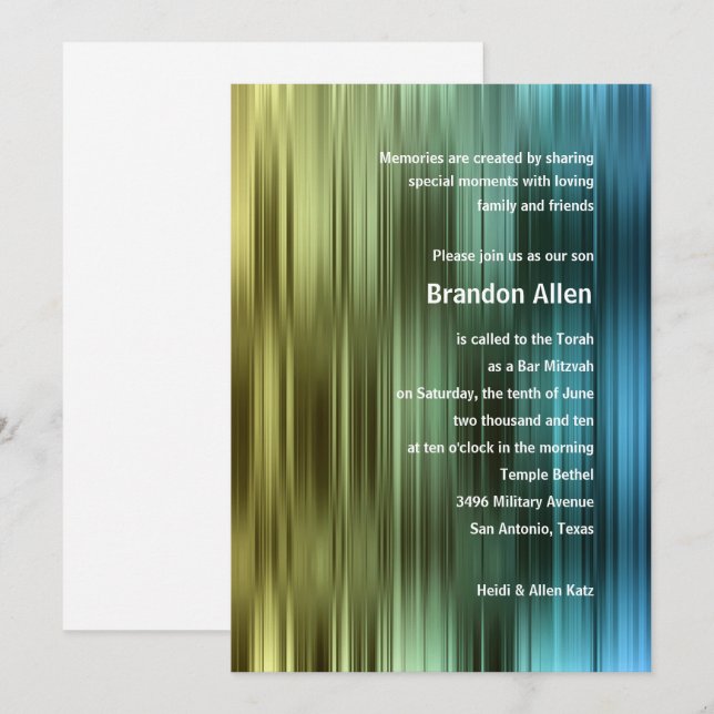 Bar Mitzvah Gold Green Blue Stripes Invitation (Front/Back)